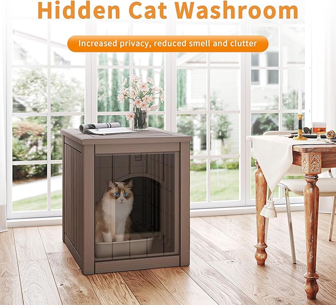 VIXZEN Cat House Resin Outdoor Cat House with Flip Lid Elevated Raised Floor Waterproof Easy Access Easy Assembly Easy to Clean Cat Houses for Outdoor Cats,Gray