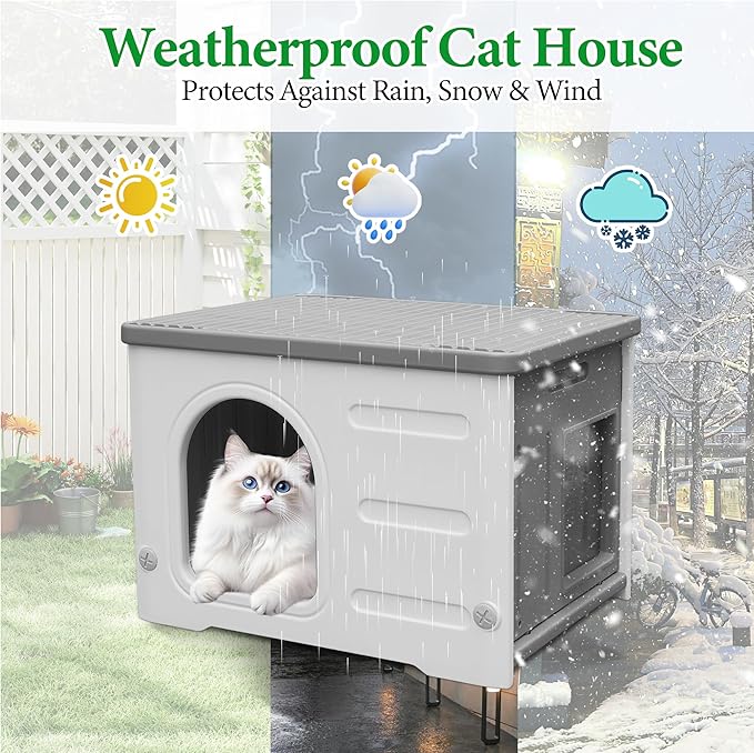 Insulated Cat House Outdoor Weatherpoof Plastic Cats Houses with Escape Door Indoor Waterproof Feral/Pet Cat Shelter Outside for Puppy, Rabbit for Winter