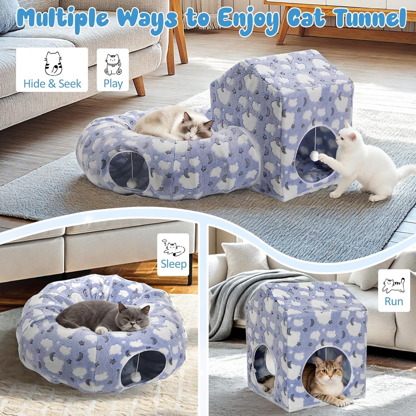 Pawaboo Cat Tunnel Bed, Cat Donut Tube with Square Kitten House, Soft Plush Cats Cave Tunnels with Washable Cushions, Foldable Kitten Bed Hideout with Fluffy Balls for Indoor Cats Rabbit Ferret, Blue