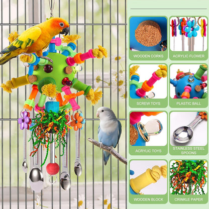 Parrot Toys Bird Toys Perch Pullable Stainless Steel Spoons Colorful Acrylic Stick Chew Toys for Amazons Mini Macaws African Greys Cockatoos Conures,Cockatiels,Lovebirds,Parrotlets and Other (green)