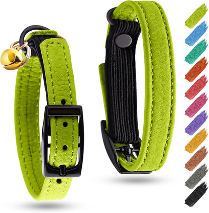 Leather Cat Collar with Bell and Safety Elastic Strap Breakaway Alternative for Small & Large Kittens, Stylish Pet Leather Collar for Boy, Girl Cats with Metal Buckle & QR ID Tag (Green)