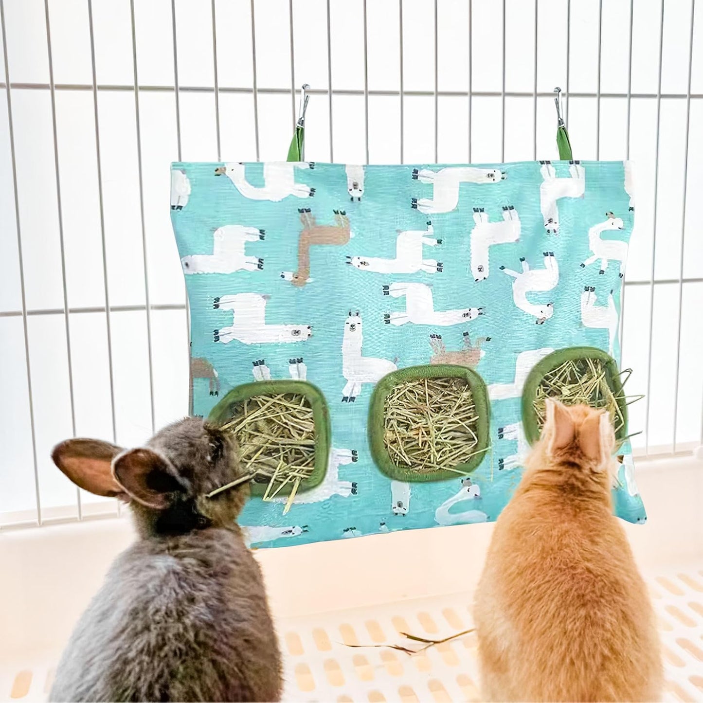 Lesnala 2pcs Bunny hay feeder Rabbit hay feeder bag Hanging guinea pig hay bag Large capacity cotton canvas fabric hay bag for Rabbits Bunny Chinchillas Hamsters and Other Small Pets(3 Holes,2 styles)