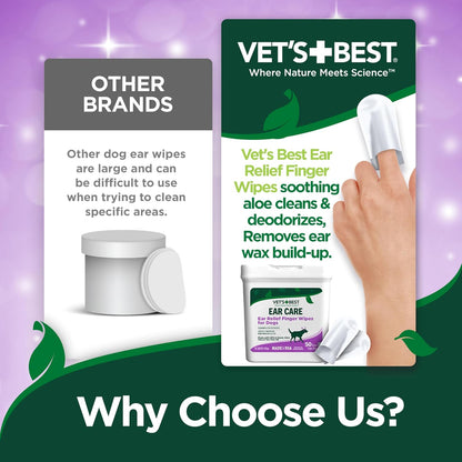 Vet's Best Ear Relief Finger Wipes, Ear Cleansing Finger Wipes for Dogs, Sooths & Deodorizes, 50 Disposable Dog Wipes
