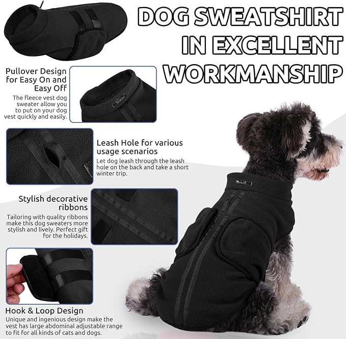 Queenmore XL Dog Sweaters, Soft Fleece Vest Pullover Dog Jacket with Leash Hole, Warm Winter Dog Clothes Cold Weather Doggy Dachshund Sweater for Large Dogs Cats Boy or Girl (Black, XL)
