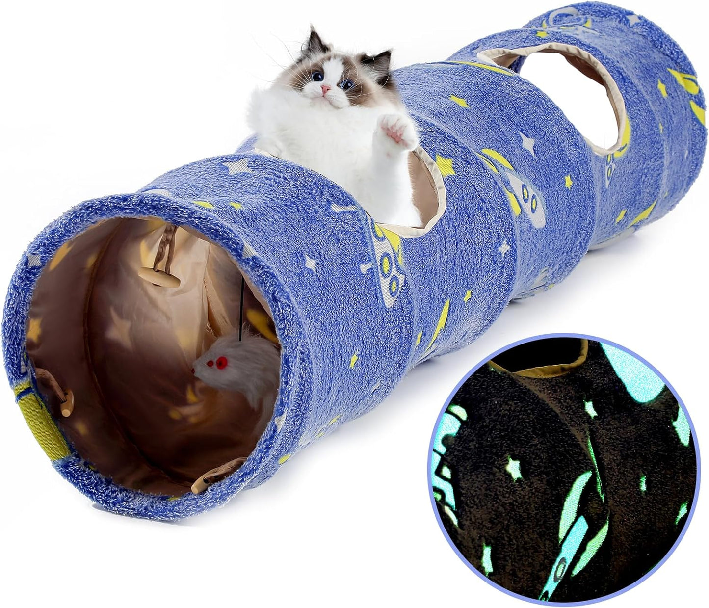 Glowing Astronaut Pattern Cat Tunnel - Collapsible with Plush Balls, Ideal for Indoor Cats, Rabbits, Kittens, Ferrets & Puppies (Blue)
