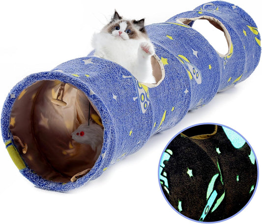 Glowing Astronaut Pattern Cat Tunnel - Collapsible with Plush Balls, Ideal for Indoor Cats, Rabbits, Kittens, Ferrets & Puppies (Blue)
