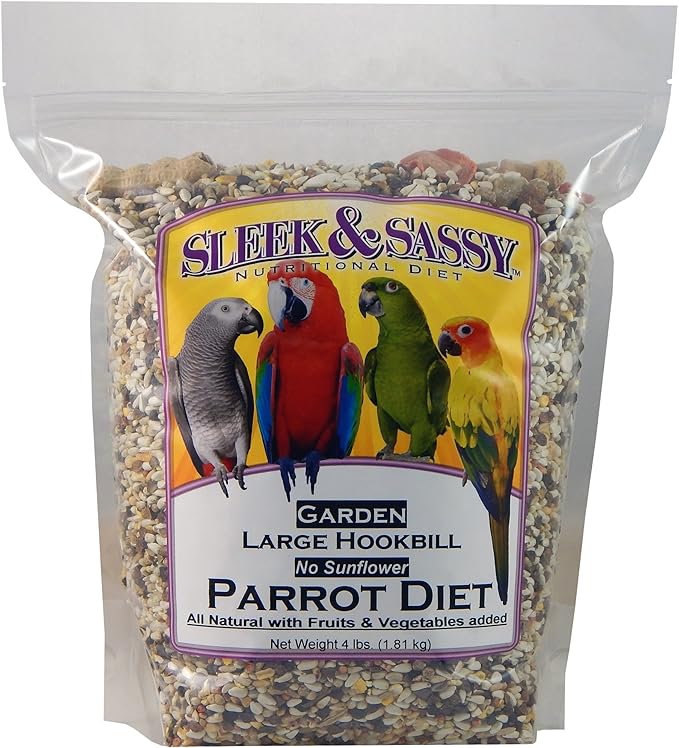 SLEEK & SASSY Garden Large Hookbill No Sunflower Parrot Food for Large Conures, Amazons, African Greys, Cockatoos, Pionus-Parrots & Small Macaws (4 lbs.)