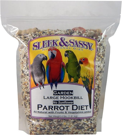 SLEEK & SASSY Garden Large Hookbill No Sunflower Parrot Food for Large Conures, Amazons, African Greys, Cockatoos, Pionus-Parrots & Small Macaws (4 lbs.)