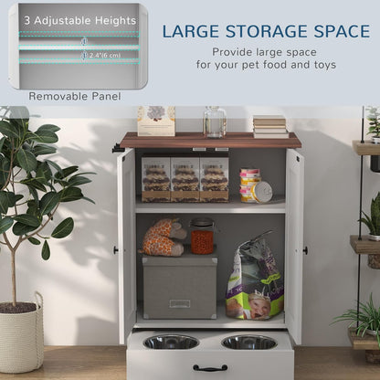 PawHut Pet Feeding Station, Elevated Dog Bowls, Dog Food Storage Cabinet with Hidden Bowls, Adjustable Panel, Hooks for Medium Sized Breed, White