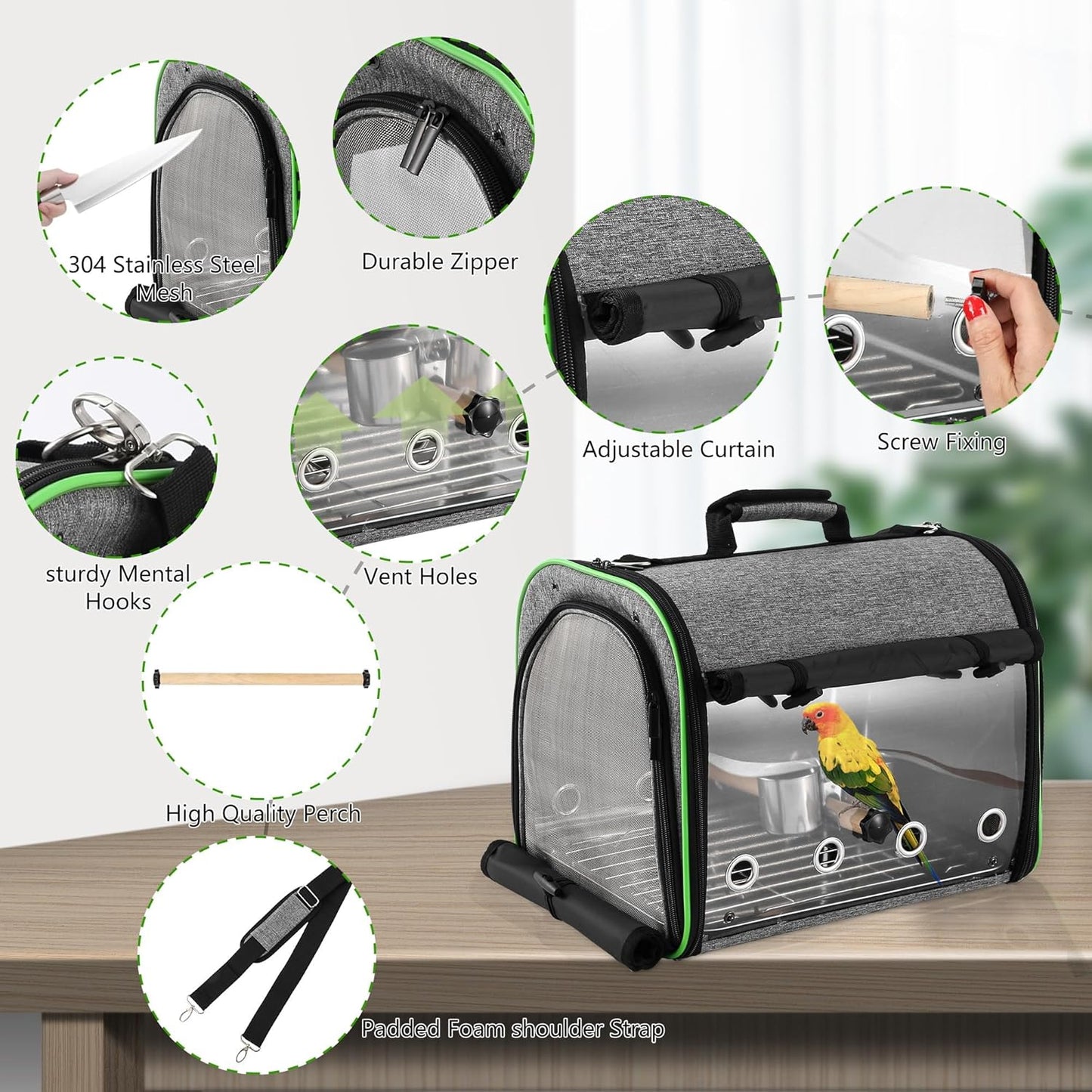 Suertree Bird Carrier Bag Bird Travel Cage Indestructible Stainless Steel Mesh, Bag with Stand for Parrot, Portable Bird Travel Bag, Pet Transparent Breathable Travel Cage