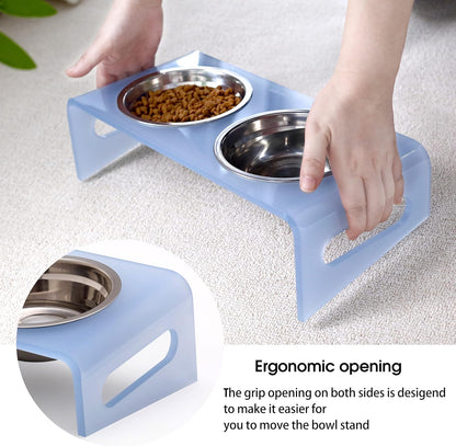 Tilted Raised Elevated Food and Water Bowls Stand for Cat or Small Dogs - Puppy's Clear Acrylic Stainless Steel Dishes Holder for Boy or Girl Pet,Modern,Durable and Easy to Clean by WBhonghui (Blue)