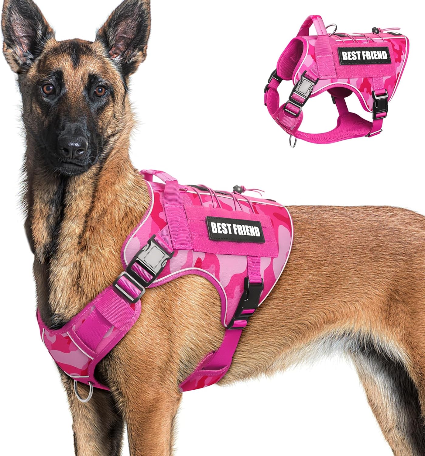 Tactical Dog Harness for Large Dogs,No Pull Military Dog Vest with Easy Control Handle&Molle,Adjustable Heavy Duty Pet Harness for K9 Working Hiking Training Daily Walking Camo Pink L