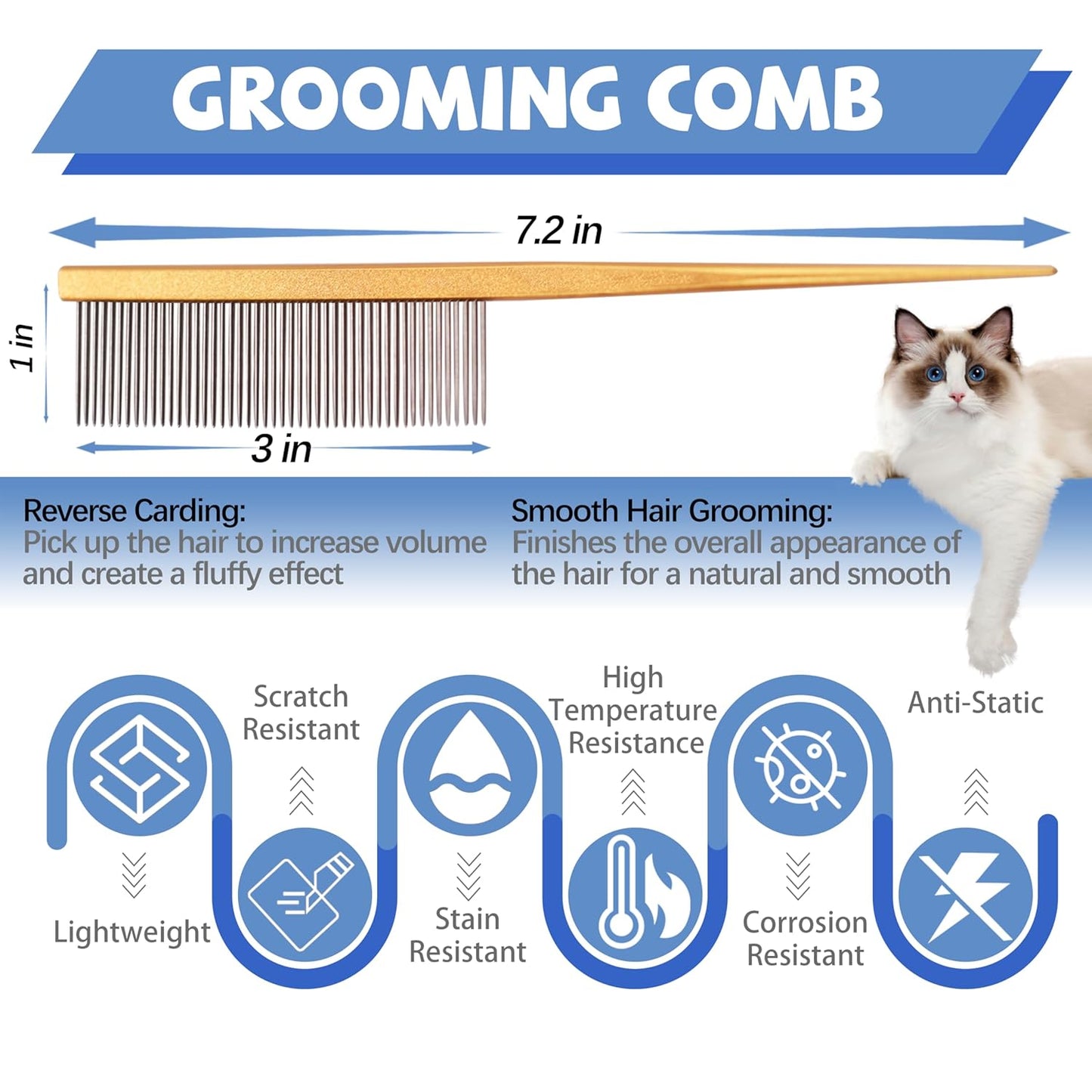 Grooming Pet Comb Rat Tail Dematting Cat and Dog Comb，Rounded Ends Design for Safe Tangle Removal, Hairstyling, Massage，Loose Hair Removal，Prevent Irritation，Fluffing Paws,Face,Tail,Remove Tear Stain