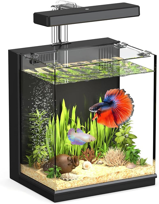 Beta Fish Tank, 2 Gallon Betta Fish Aquariums with Filter & Light, Self Cleaning Fish Tanks for Kids & Starter, Black