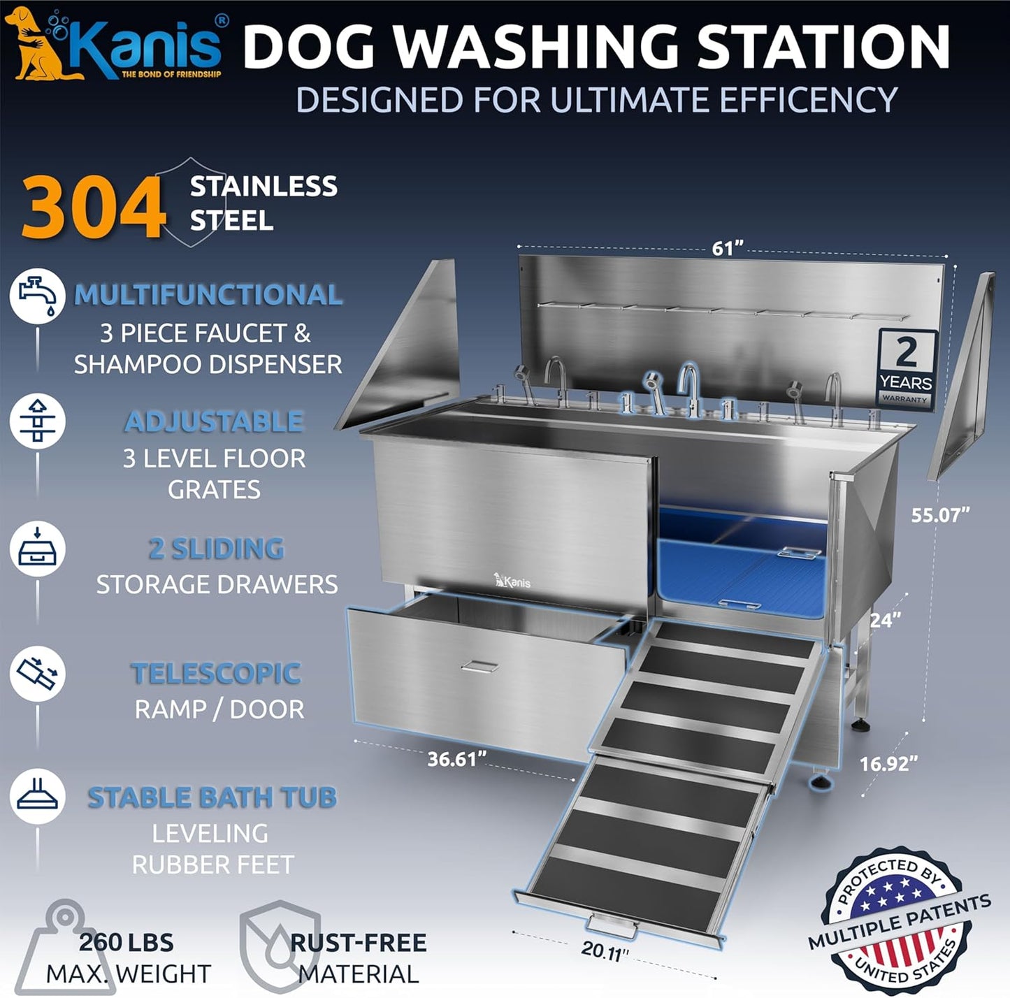 KANIS Professional Dog Washing Station - 304 Stainless Steel Pet Wash Sink & Grooming Bathtub w/Shower, Floor Grates and Storage for Large, Medium & Small Pets (61", 2 Drawers - Right Ramp)