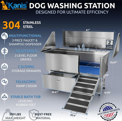 KANIS Professional Dog Washing Station - 304 Stainless Steel Pet Wash Sink & Grooming Bathtub w/Shower, Floor Grates and Storage for Large, Medium & Small Pets (61", 2 Drawers - Right Ramp)