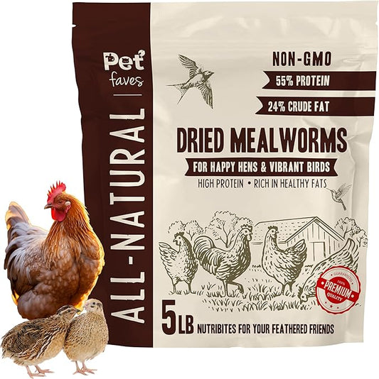 Dried Mealworms for Chickens, Birds, Hamster, Reptile and Turtle - Premium Non-GMO Treats with 55% Protein for Laying Hens - Organic Food for Wild Bird, Bluebirds, Robins, Cardinals. 5 Lb