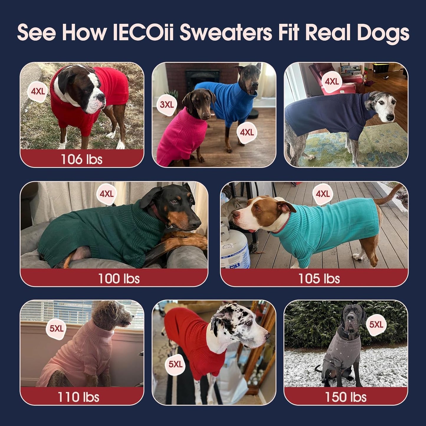 IECOii Great Dane Sweater,5XL Extra Large Sweater for Giant Breed Dogs in Winter,Turtleneck Cold Weather Knit Clothes,Machine Washable,Elastic Pullover for Saint Bernard,Mastiff (White,XXXXXL)