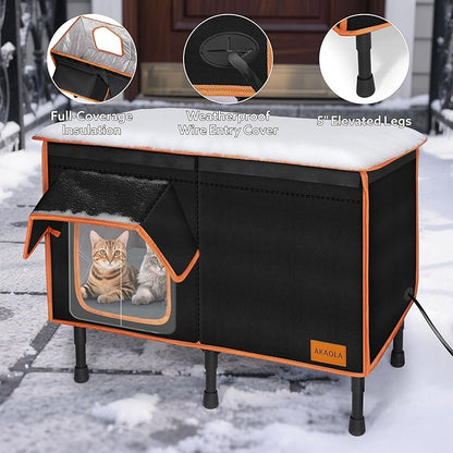 Heated Outdoor Cat House for Outside Winter 100% Waterproof Oxford Tarpaulin with Safe Escape Door and 5" Elevated Base with Heater for Feral Barn Cat Kitty (26“x20”x14“)