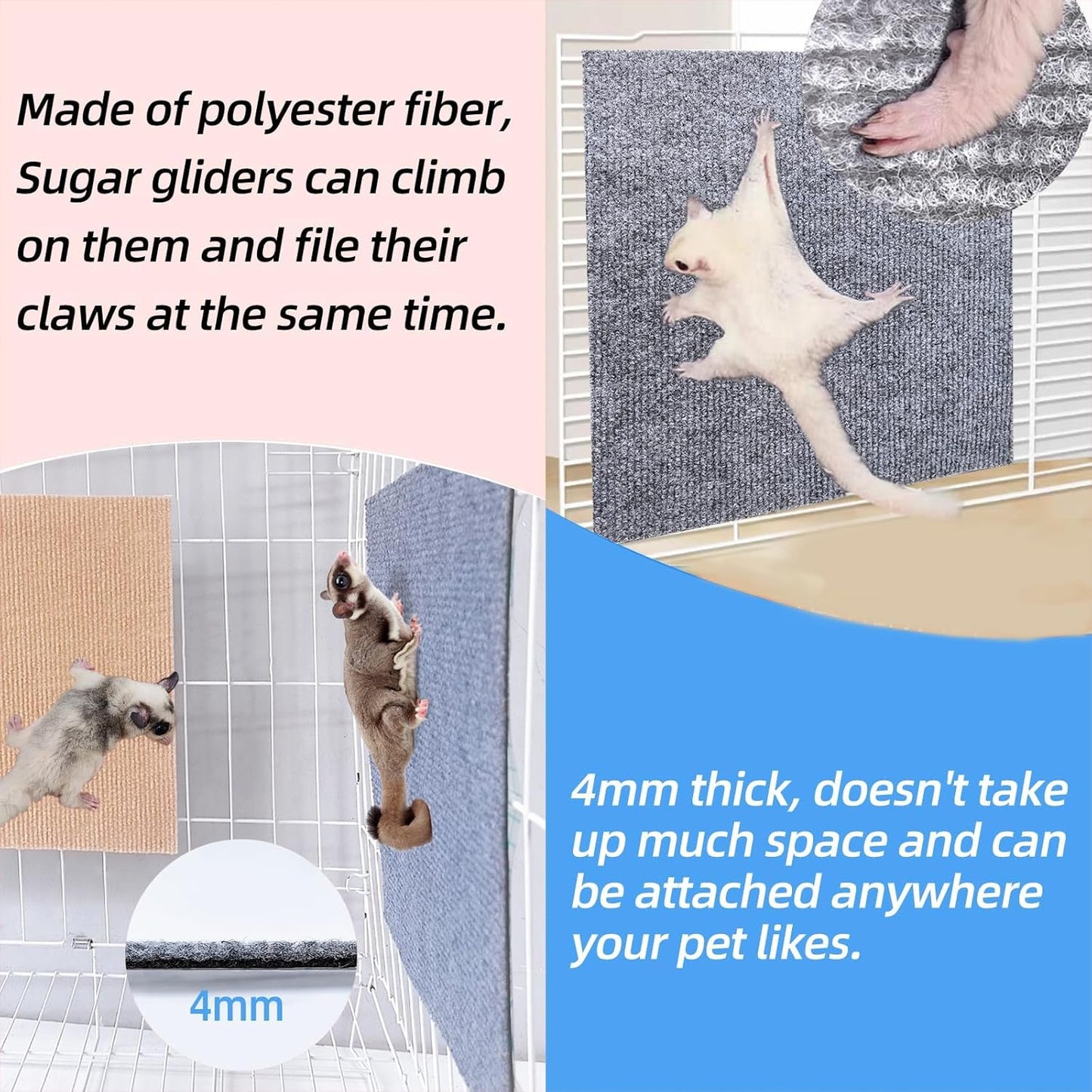 Sugar Glider Toys,6 Pcs Sugar Glider Climbing Mats,Sugar Glider Sharpening Claws Mats with Climbing Ropes Cage Accessories,Cuttable Self-Adhesive Small Animals Pets Scratching Pads Enrichment Toys for