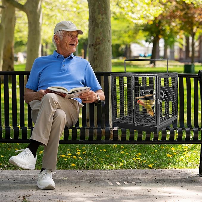 Portable Bird Travel Carrier Cage Black 19 Inch with Handle Wooden Perch,Parrot Travel cage Medium Birds for Cockatiels, Conures