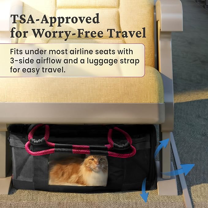 | TSA Airline Approved |Soft Sided Pet Carrier | Cat Carrier | Dog Carrier| Pets Up to 15 lbs | Leash & Luggage Strap | Black with Pink Handle