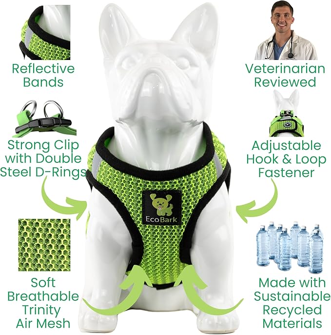EcoBark Step in Dog Harness - Eco-Friendly Teacup Dog Harnesses for XXS, XS, and Small Dogs - Reflective and Adjustable Mini Body Halter Vest -Tiny Soft Mesh Toy Breed Harness (Neon Green, XXXS)