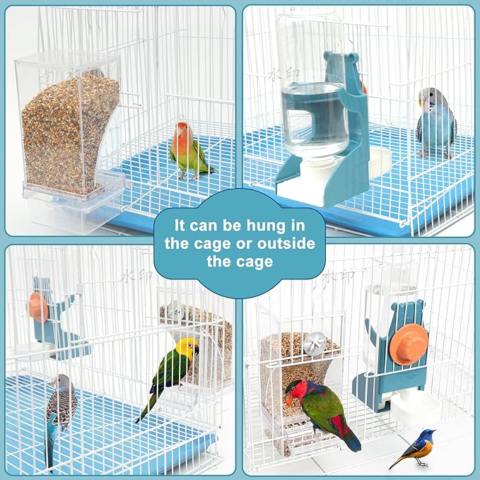 No Mess Bird Feeder Water Dispenser Set, Automatic Parrot Feeder Drinker Cage Accessories, for Parakeets, Cockatiels, Budgies, Macaws, Lovebirds, Canaries - Cage Mounted/External Hanging (Blue)