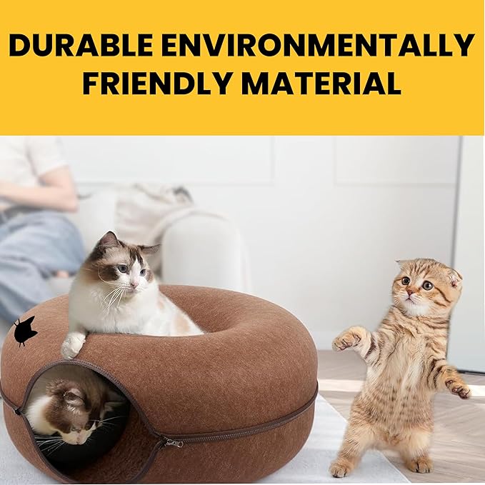 Laluz 2021 Large Cat Tunnel Bed for Indoor Cats Up to 30 Lbs Peekaboo Donut Cave with Catnip and Plush Toys Scratch Resistant Felt Design Detachable and Washable Cat Tunnel (Chocolate)