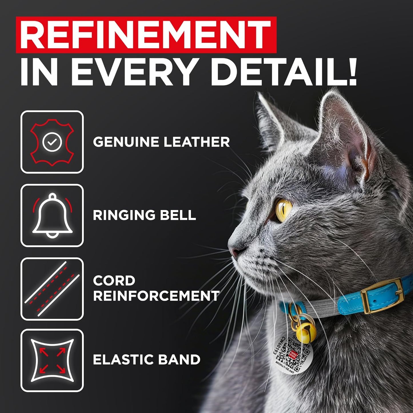 WAUDOG Ultra Soft Rolled Leather Cat Collar with Removable Bell, Safety Elastic Strap and QR ID Tag - Soft Padded for Small, Medium, and Large Cats - Round Kitten Collar for Male and Female Cats