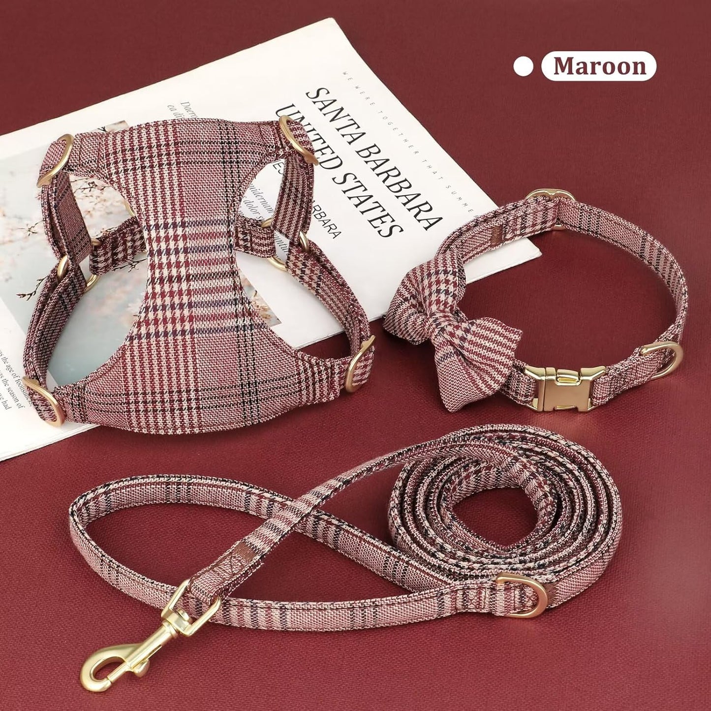 Beirui Cute Extra Small Dog Harness Collar and Leash Set with Bowtie, Soft Adjustable Plaid Puppy Harness for Small Sized Dogs Cats Walks Parties and Photoshoots(Maroon,XS:Chest 13-18")