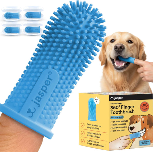 Jasper Dog Toothbrush, 360 Degree Dog Tooth Brushing Kit, Cat Toothbrush, Canine Dental Care & Teeth Cleaning Kit, Pet Finger Tooth Brush, Use with Pet Toothpaste, 4-Pack Blue