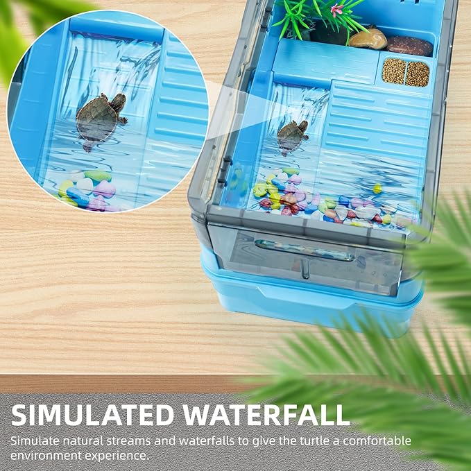 Turtle Tank kit with Filter+Water Pump+Heat lamp, Wheels, Easy to Move, Imitate The Natural Flows, Suitable for Small Turtle Horned Frog Hermit (M, Blue)