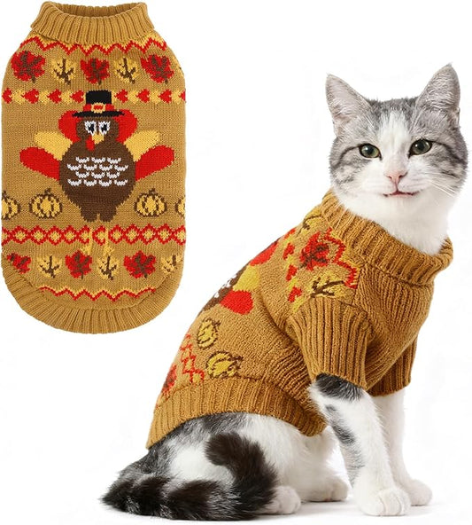KOOLTAIL Thanksgiving Cat Sweater Turtleneck - Soft Knit Cat Sweaters for Cats Only, Turkey Pattern Thick Warm Winter Cold Weather Pet Clothes for Small Medium Large Kitten Puppy Boys Girls, Brown M