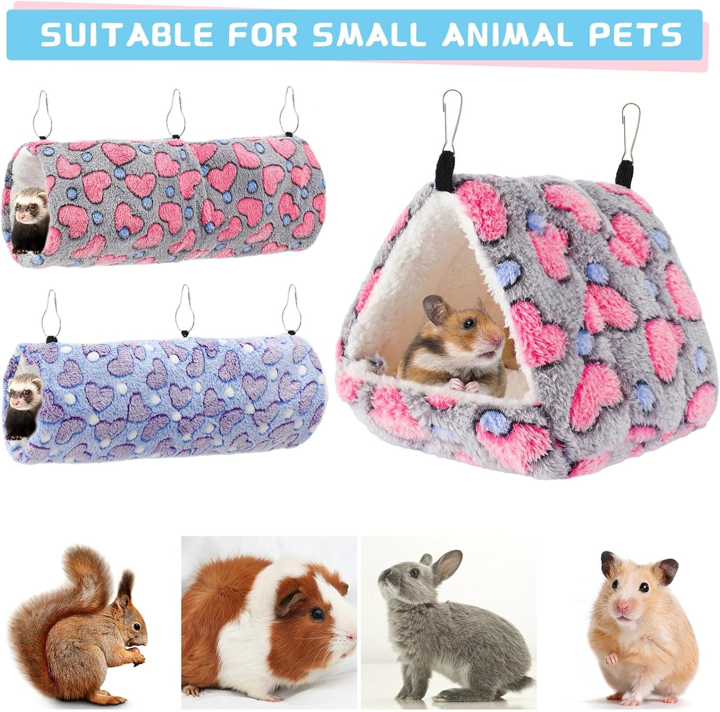 Abbylike 9 Pieces Rat Hammock 3 Tier Guinea Pig Ferret Hammocks Small Pet Hanging Tunnel Glider Toy Guinea Pig Ferret Hideout Bed Cage Accessories for Hamster(Purple, Brown, Gray,Heart)