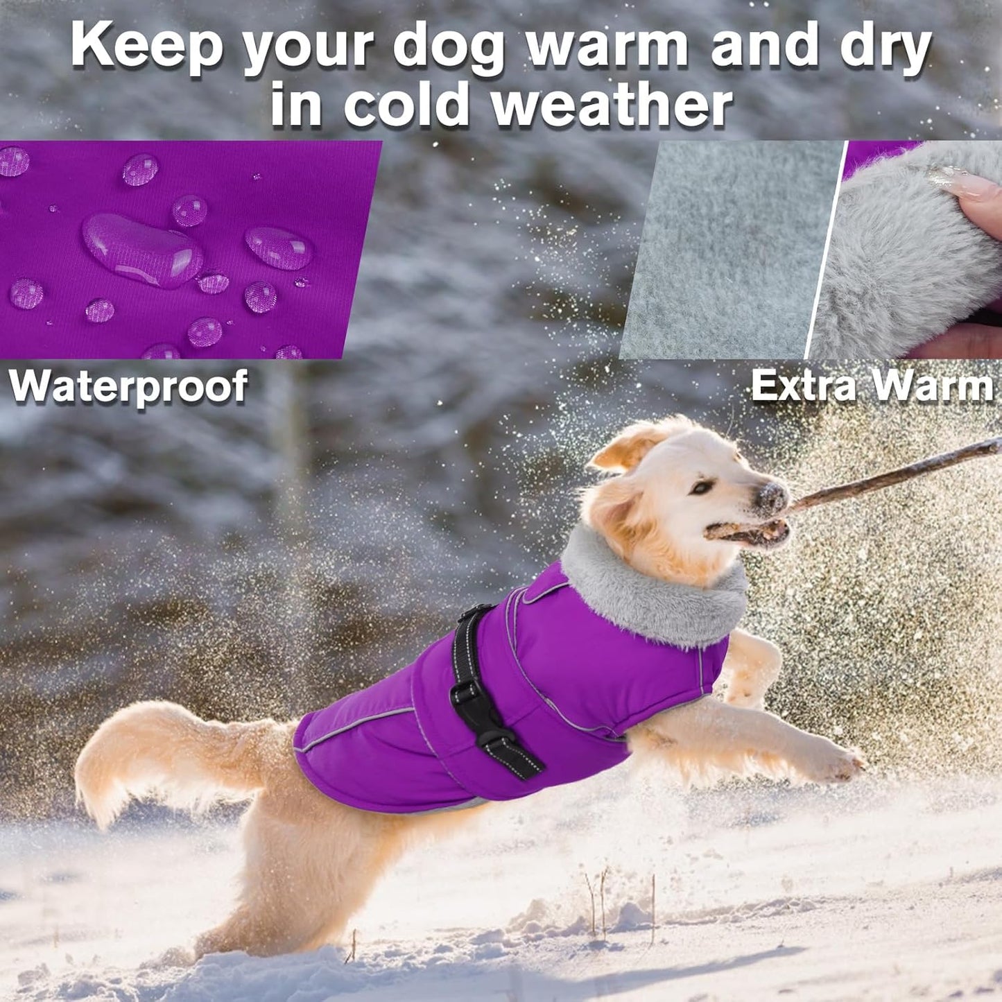 Lelepet Warm Dog Winter Coats for Large Dogs Waterproof Dog Jacket Reflective Pet Fleece Vest Windproof Cold Weather Coats with Adjustable Buckle & Leash Hole, Purple, L