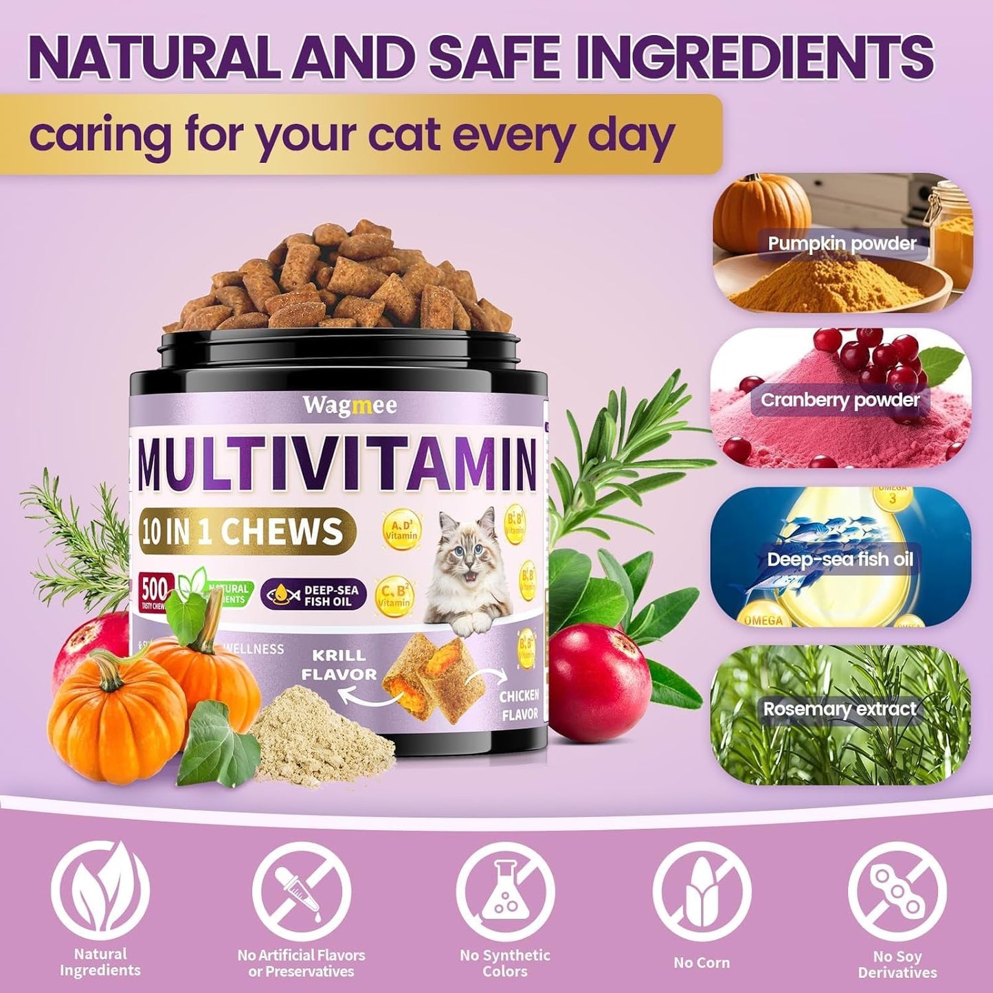 Cat Multivitamin with Fish Oil, 500 Crunchy & Creamy Chews - 10 In 1 Vitamins Supports Energy, Bone, Joint, Skin & Coat Health - with Omega 3s, Taurine, Biotin for Cat All Breeds & Ages - Krill Flavor