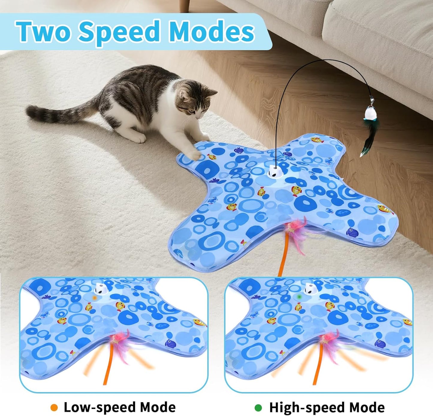 DFQ Cat Toys,3 in 1 USB Rechargeable Automatic Kitten Toy,Flying Bird Kitten Wand,Hide and Seek Exercise Kicker for All Breeds Indoor Adult Cats(Blue Fish with Pole)