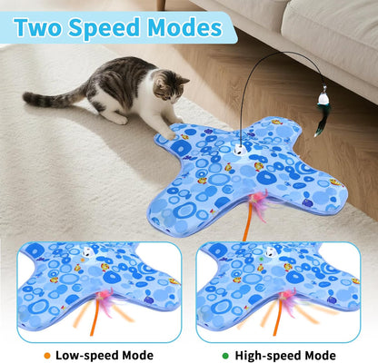 DFQ Cat Toys,3 in 1 USB Rechargeable Automatic Kitten Toy,Flying Bird Kitten Wand,Hide and Seek Exercise Kicker for All Breeds Indoor Adult Cats(Blue Fish with Pole)