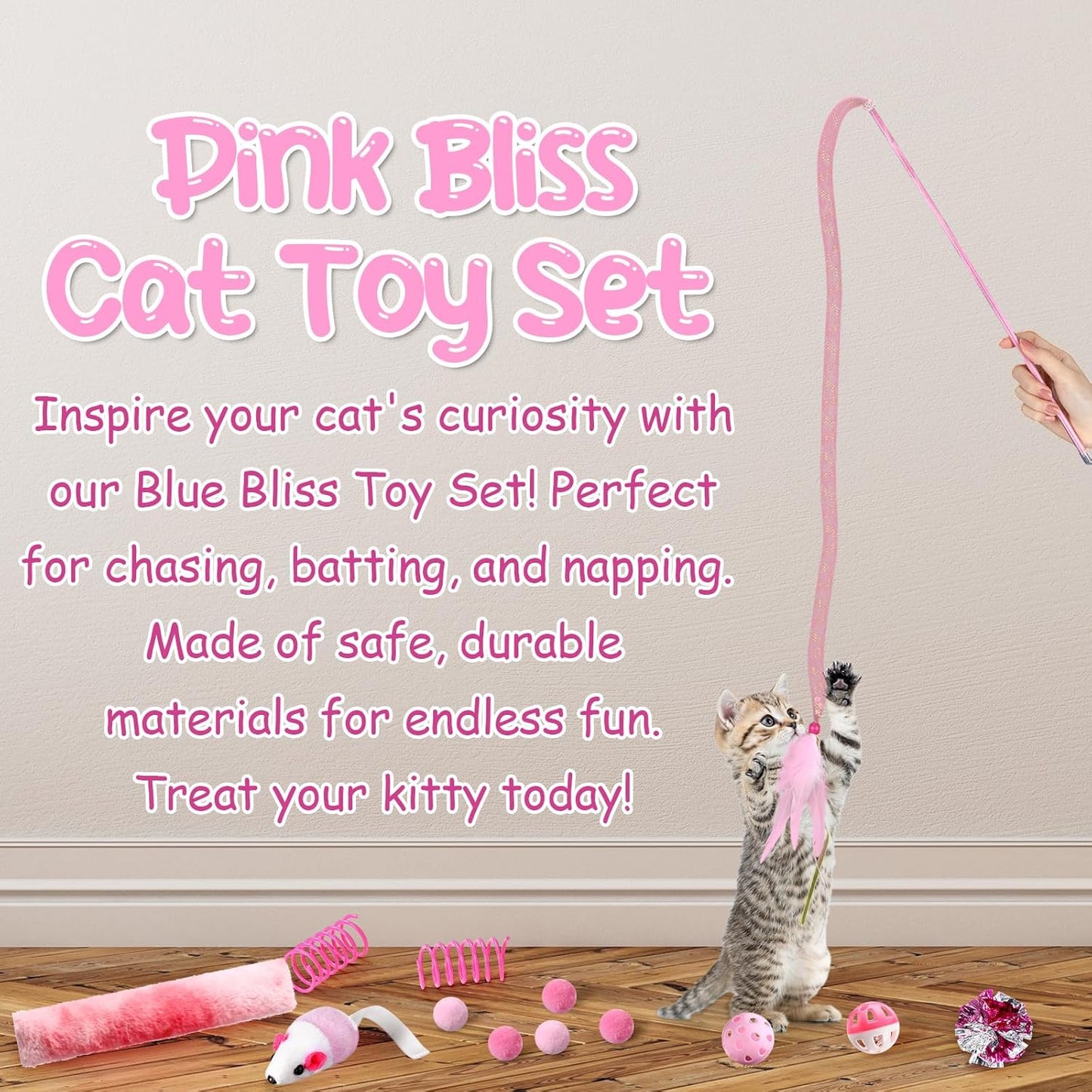 24 Pcs Cat Toys Set Interactive Kitten Toys Pack Including Collapsible Play Tunnel Feather Teaser Wand Fuzzy Ball Springs Pillow Mouse Bells for Indoor Cats Puppy (Pink)