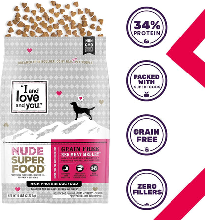 I and love and you Nude Super Food Dry Dog Food - Red Meat Medley - Prebiotic + Probiotic, Grain Free, Real Meat, No Fillers, 23lb Bag
