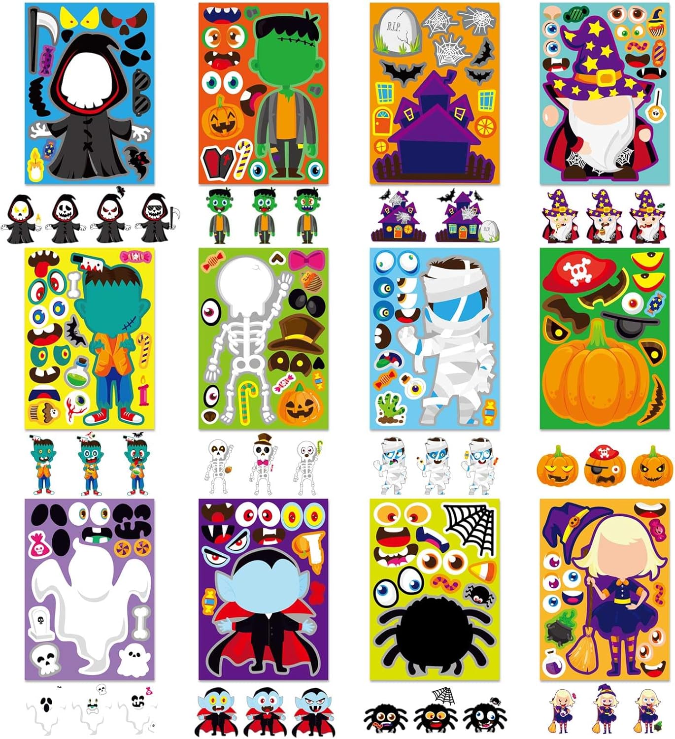 48 PCS Halloween Make-a-face Stickers Halloween Characters Stickers for Kids Make Your Own Mix and Match Sticker DIY Crafts Decorating Toy Sticker Trick or Treat Party Game Activities