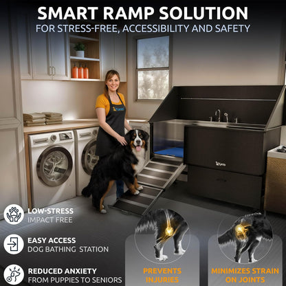 KANIS Black Line Professional Dog Washing Station - 304 Stainless Steel Pet Wash Sink & Grooming Bathtub w/Shower, Floor Grates and Storage for Large, Medium & Small Pets (61", 1 Drawer - Left Ramp)