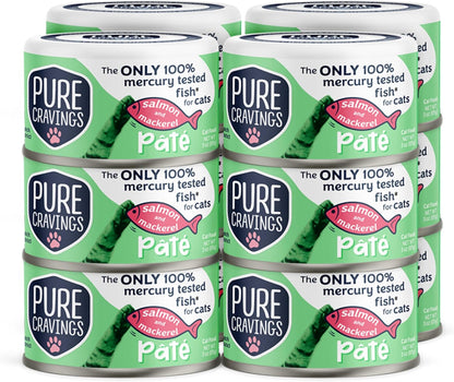 Pure Cravings Salmon and Mackerel Pate, Canned Wet Cat Food, 100% Mercury-Tested, Moist Can Fish, Grain-Free Protein, Non-GMO, 12 Pack