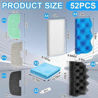 52 Pcs Replacement Filter Media Kit Compatible with Fluval 106/107 Aquarium Filters Include Biological Foams Ammonia Remover Phosphate Pads Nitrite Remover, Towel and Grease