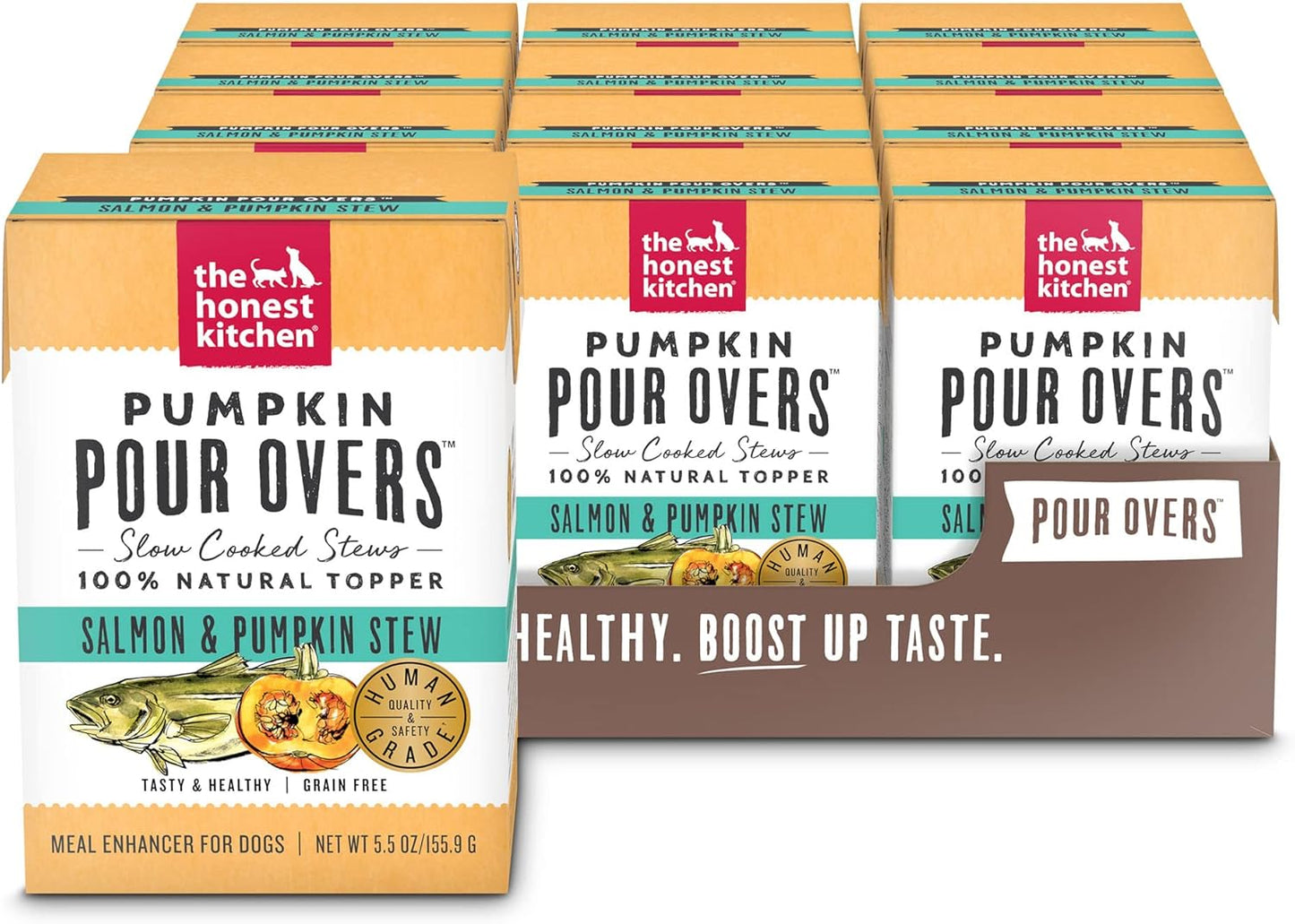 The Honest Kitchen Pumpkin POUR OVERS Wet Toppers for Dogs (12 Pack), 5.5 oz - Salmon Stew