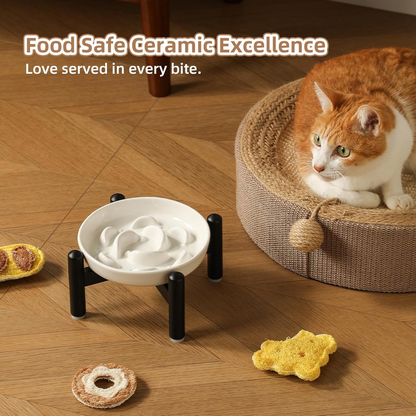 Elevated Slow Feeder Cat Bowl - Ceramic Cat Food Dish with Anti-Slip Stainless Steel Stand - Raised Maze Plate for Slow Eating - Ivory White