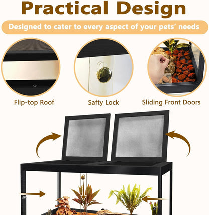 Bearded Dragon Tank with Legs Up to 77 Gallons, Tortoise Habitat with Metal Mesh Top, Reptile Enclosure Lockable Design, Snake Tank (Black, 62 Gallon, 40" L x 20" W x 47.6" H)