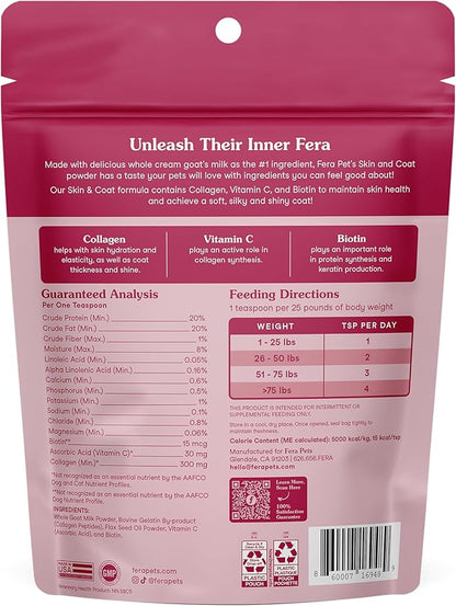 Fera Pets Goat Milk Topper - Cat & Dog Skin and Coat Supplement with Collagen, Biotin & Vitamin C - Helps Maintain Normal Skin Moisture - Promotes a Shiny Coat - for Picky Eaters - 60 TSP