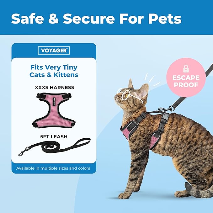 Voyager Escape Proof Cat Harness and Leash Set with Reflective Stitching, Neoprene Handle 5ft - Supports Small, Medium and Large Cats, Kittens for Walking by Best Pet Supplies - Black Trim-Pink, XXXS